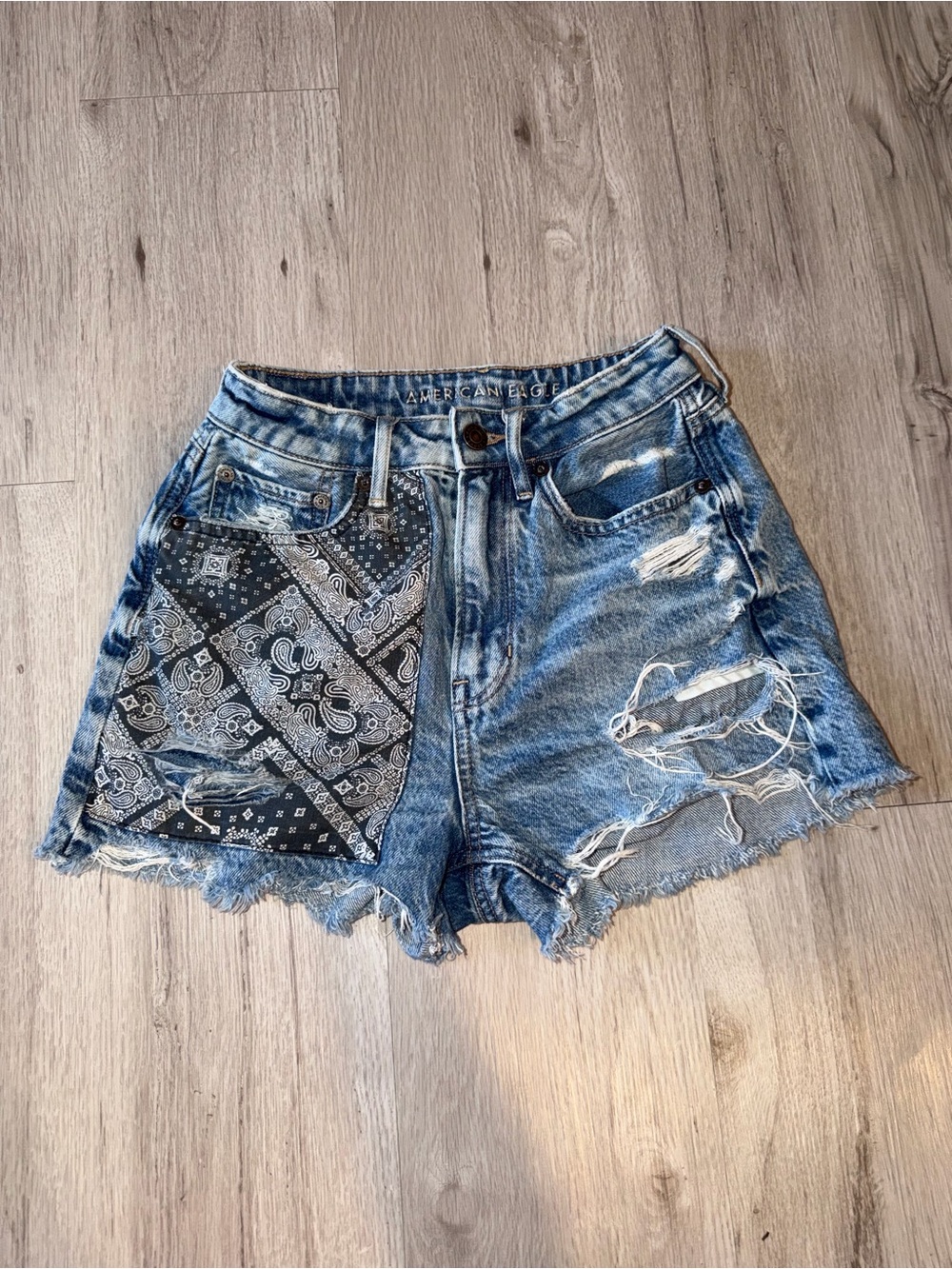American Eagle Outfitters Distressed Blue Denim Shorts with Black Bandana Patch